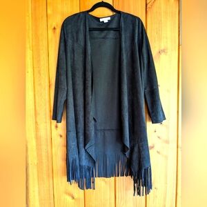 Loveriche Black Suede Fringe Cardigan Duster Top, Sz. MEDIUM